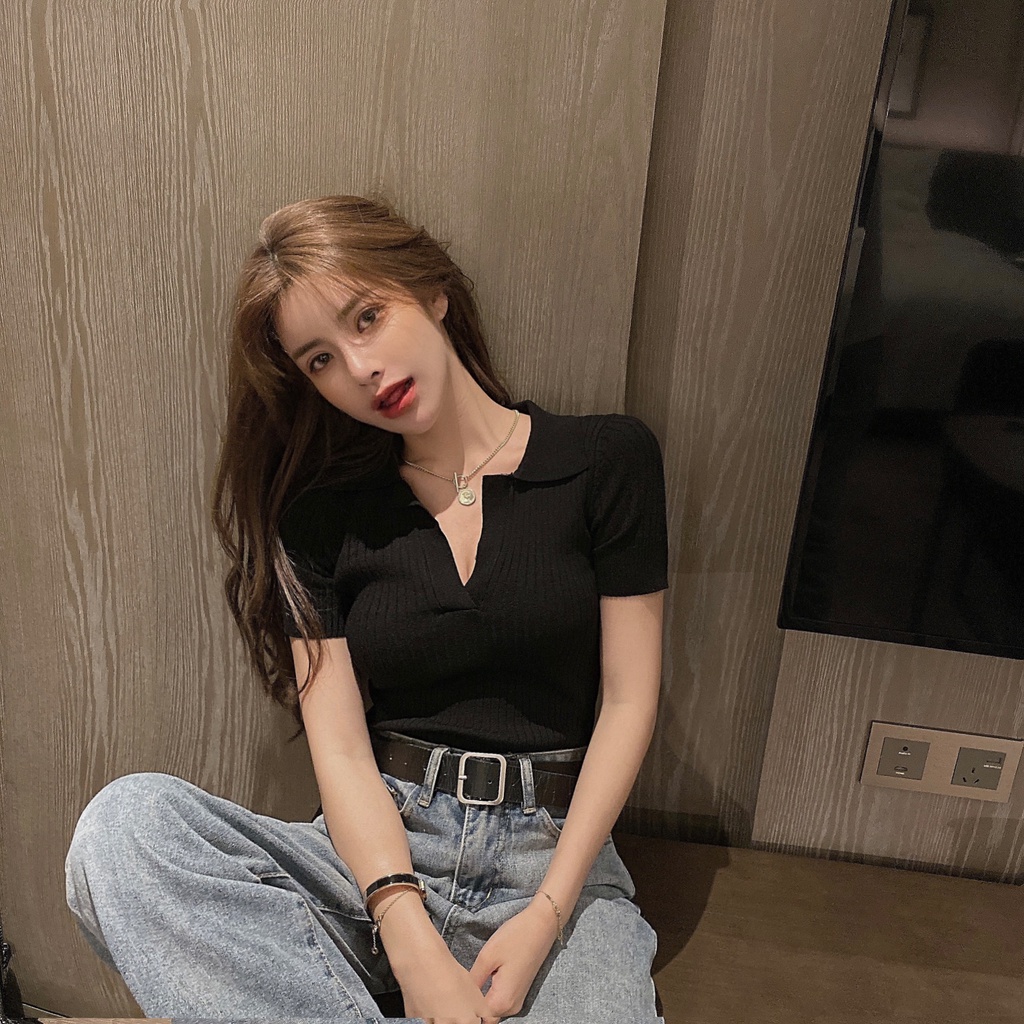 QADCOL Áo Thun Dệt Kim Tay Ngắn Cổ Chữ V Dáng Ôm Phong Cách retro Hàn Quốc Dành Cho Nữ