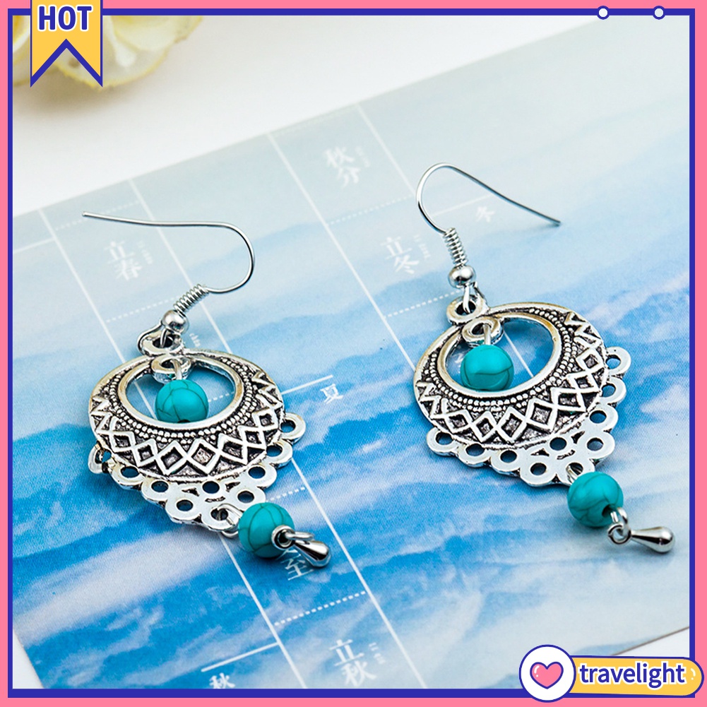 Bông tai đính ngọc lam phong cách boho dành cho nữ