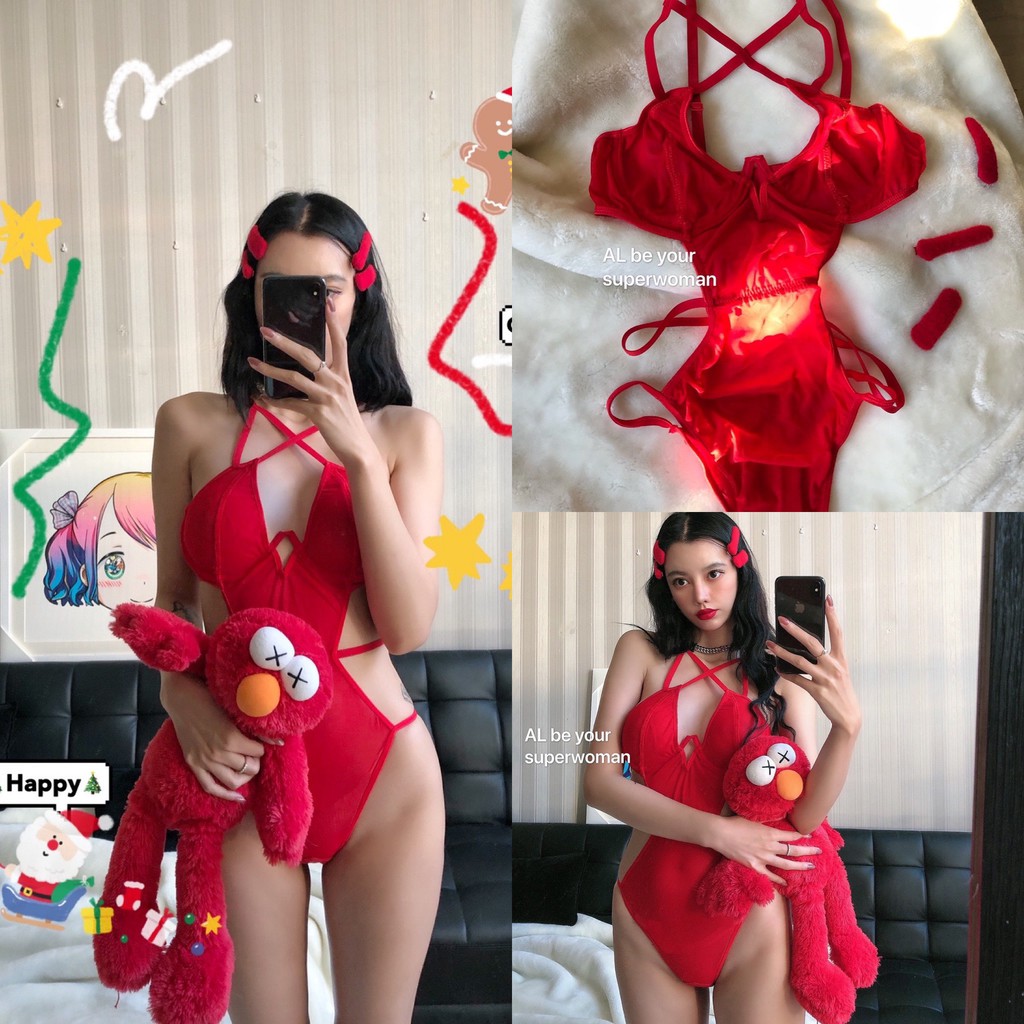 Bodysuit sexy khoét eo gọng ngực nhiều dây đỏ