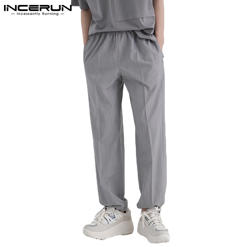 Quần baggy INCERUN dài màu trơn thiết kế dây rút thắt lưng cao co giãn hợp thời trang cho nam