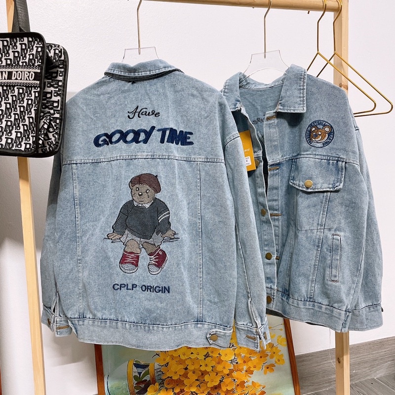 Áo Khoác Jeans Bò Thêu Gấu Dáng Thụng