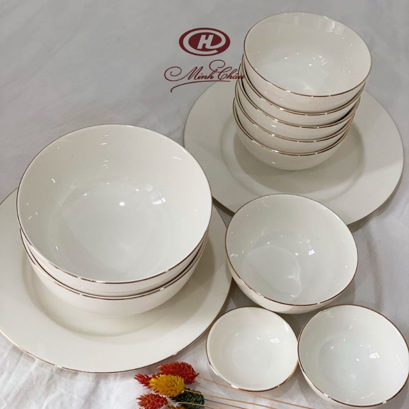 Bộ bát đĩa trắng viền vàng 12k Mình Châu,loại cao cấp,men sáng bóng,viền vàng cực sang trọng,hàng có sẵn,giao hàng an àn