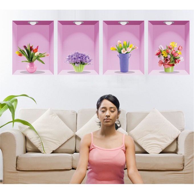 Decal trang trí tường 4 Khung Hoa nhiều màu