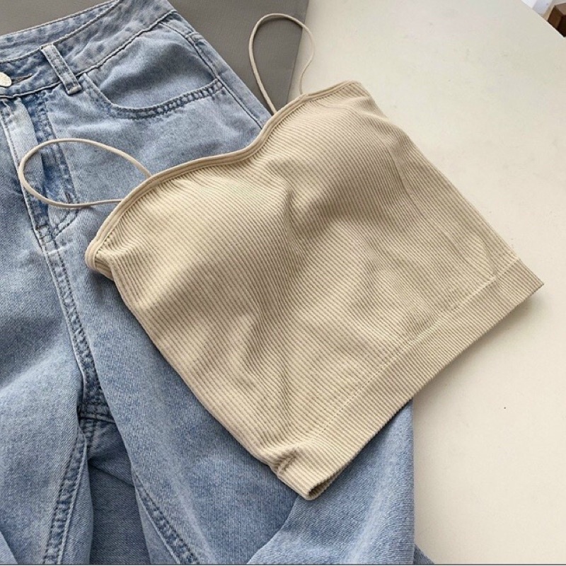 Áo bra hai  Dây Gân Sợi  bún Có Đệm Ngực, Áo hai Dây Mảnh Dáng Croptop có video thật T