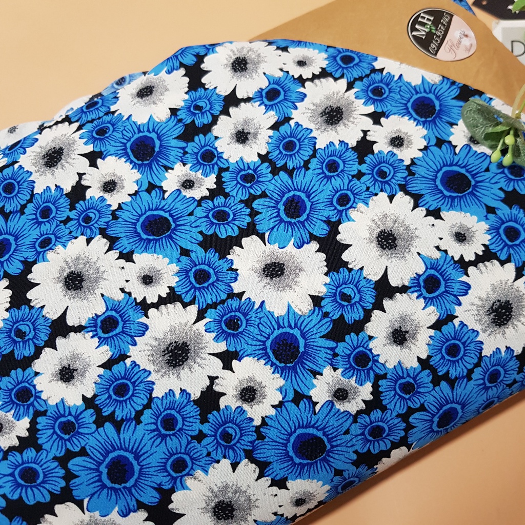 Vải hoa cúc xanh chất vải đũi mát mềm dùng may đồ, 100x150cm Maihoaflower