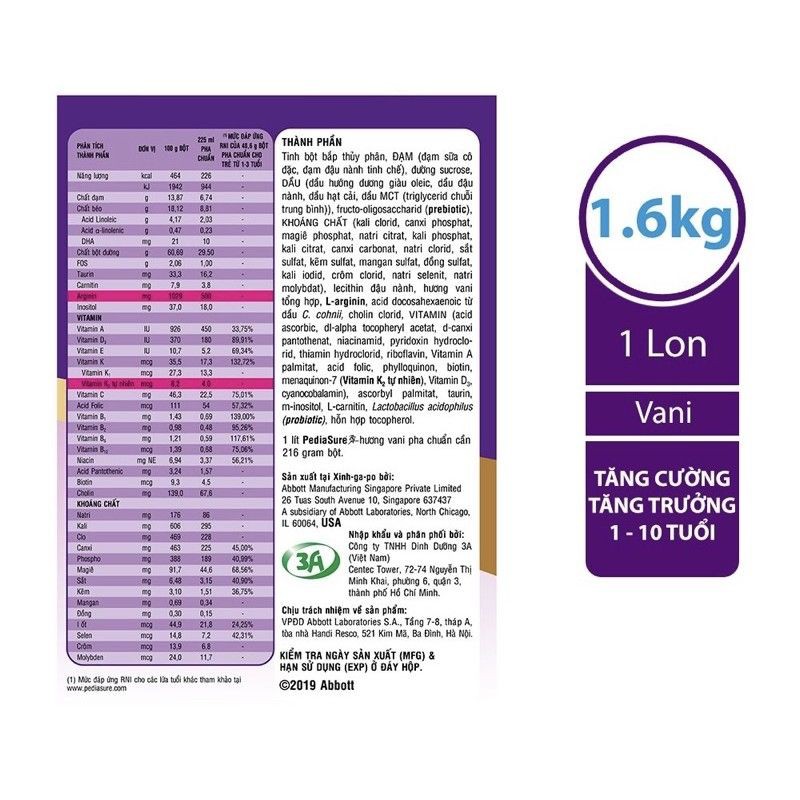 SỮA PEDIASURE 1.6KG HƯƠNG VANI DATE 11/2024