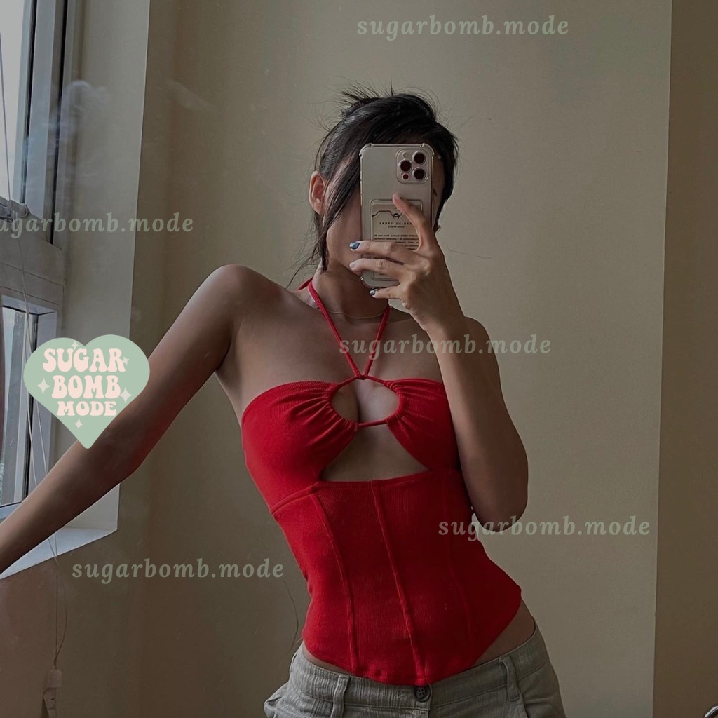 Áo Croptop Đỏ Thiết Kế Tay Dài và áo croptop cột dây sexy đi chơi đi tiệc đáng yêu Phong Cách Sugarbomb.mode