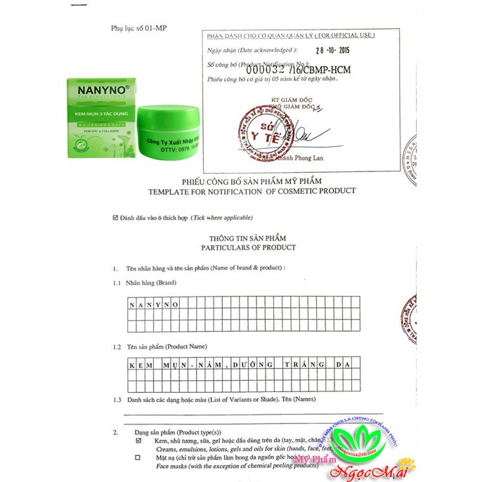 Kem mụn NANYNO 3 tác dụng chiết xuất Kem gấc và Collagen màu xanh lá 10g
