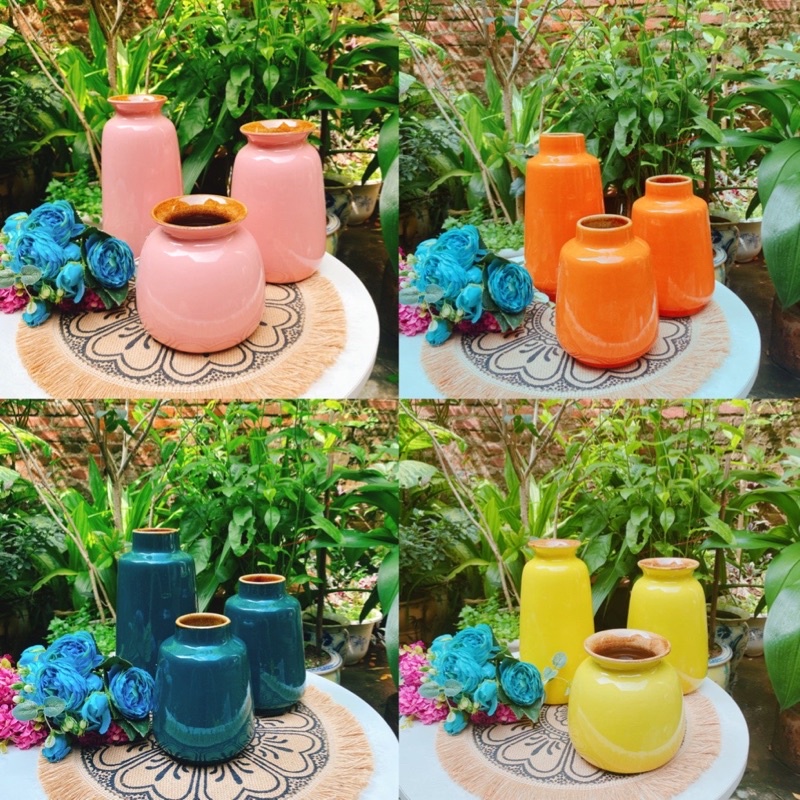 Set bộ 3 Lọ hoa Sắc màu - Gốm Sứ Bát Tràng - Dùng Cho Trang Trí Nội Thất - Gốm hoa - Văn Phòng
