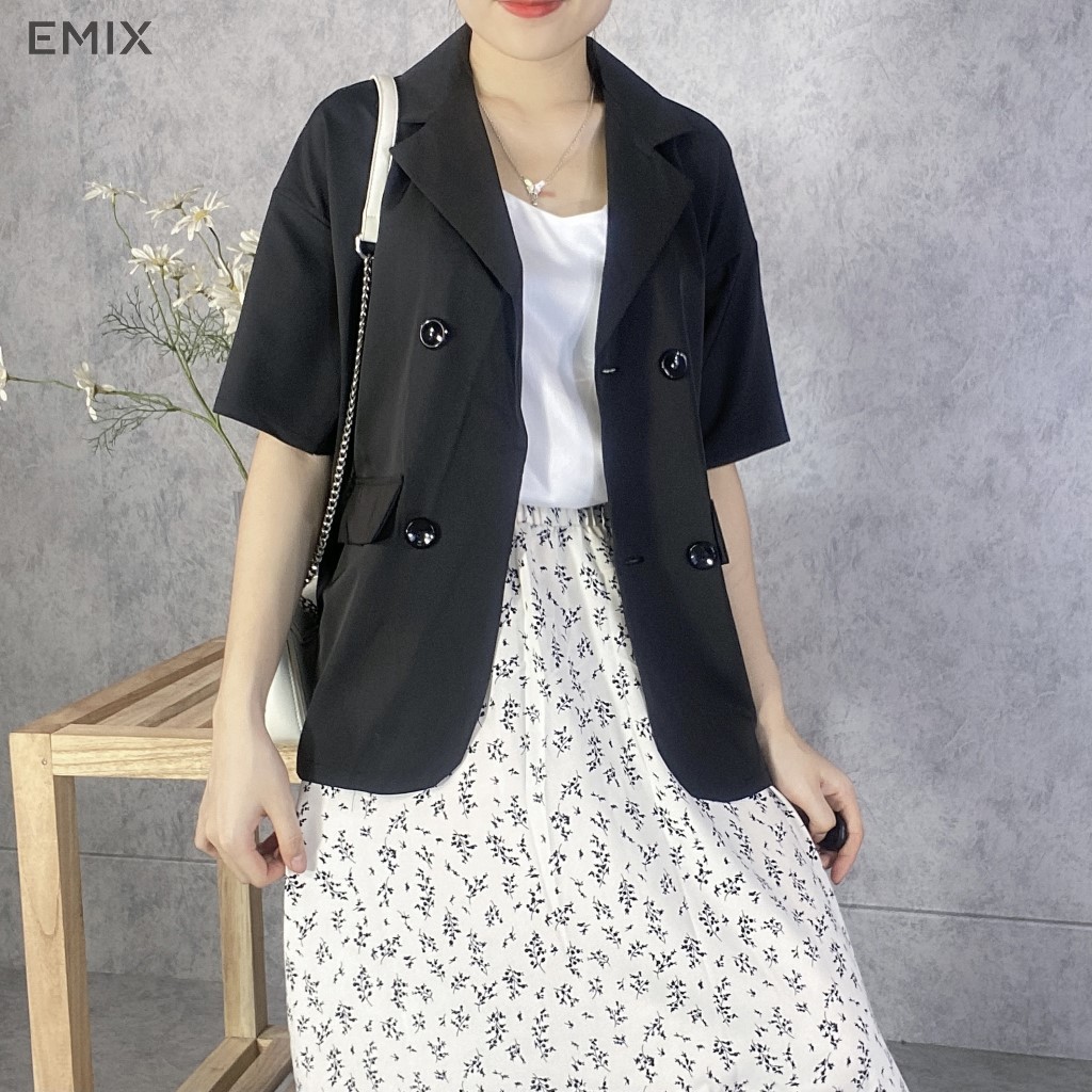 [Mã FAMALLT5 giảm 15% đơn 150k] Áo khoác blazer cổ vest 2 túi giả màu đen ngắn tay EMIX