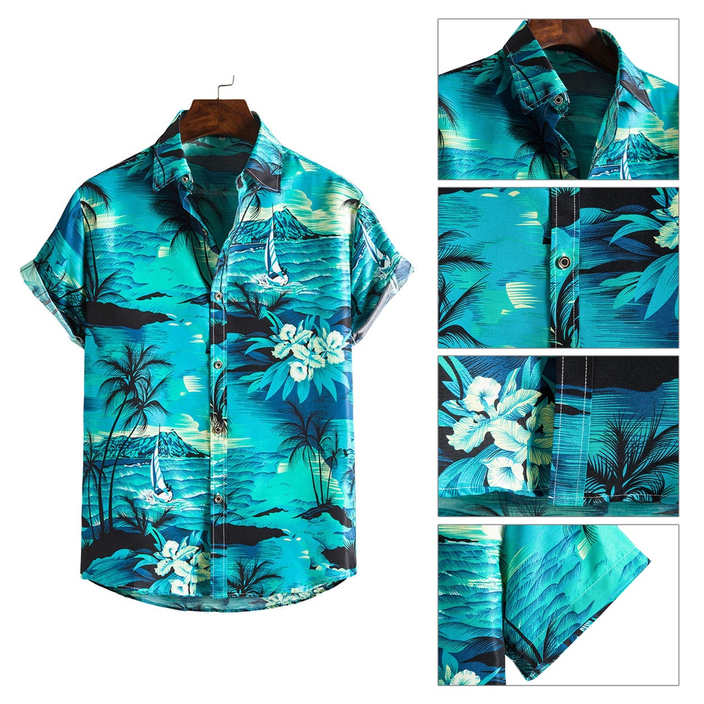 Áo Sơ Mi Nam Ngắn Tay Cổ Bẻ Cài Nút Xuống In Hình Cây Dừa Hawaii Thời Trang Du Lịch