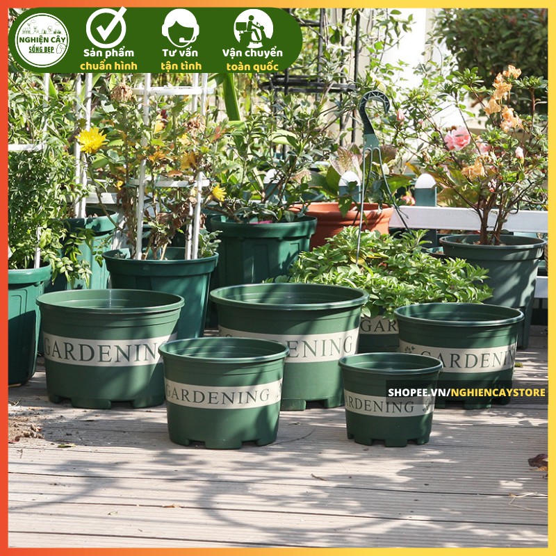 Chậu nhựa Gardening kèm đĩa lót trồng hoa, cây cảnh cỡ nhỏ đến trung bình