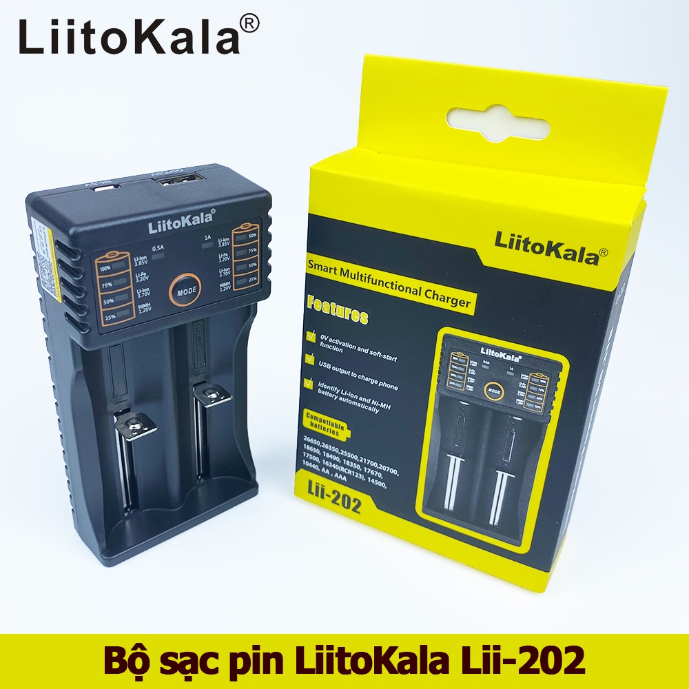 Bộ sạc pin 2 khay đa năng Liitokala lii-202 18650 26650 16340 14500 17670 17500 10440 AA AAA RCR123