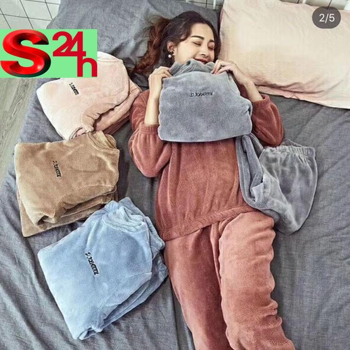 Bộ ngủ lông nữ Dstudio ấm áp mềm mại cho giấc ngủ bạn gái mùa đông