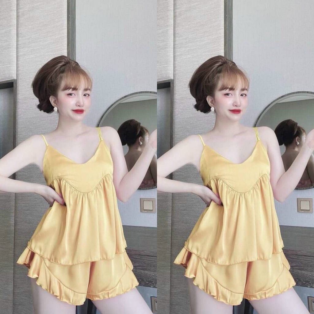 Đồ ngủ sexy 2 dây quần bèo chất liệu satin mềm mại , thoáng mát họa tiết trơn freesize dưới 58kg