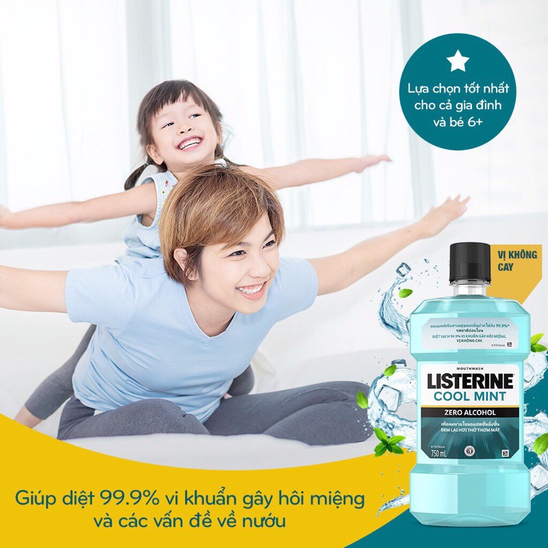 Nước súc miệng không cay giúp hơi thở thơm mát Listerine Cool Mint Zero 750ml