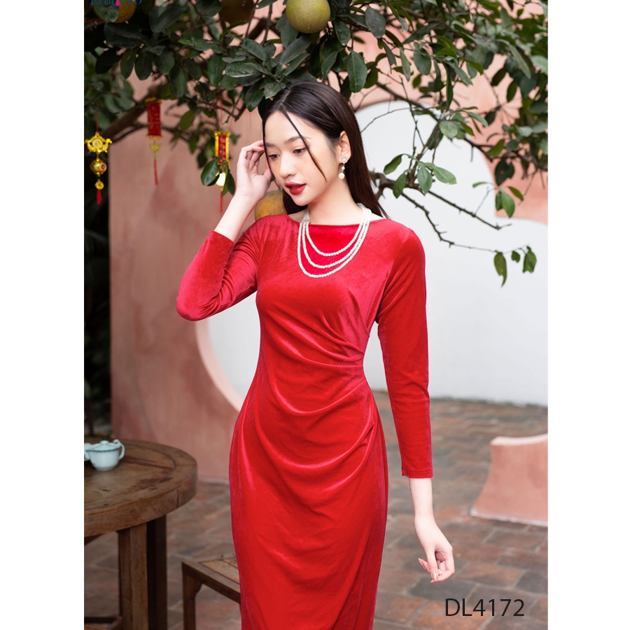 Đầm nhung, cổ tròn, rúm eo EMSPO DL4172