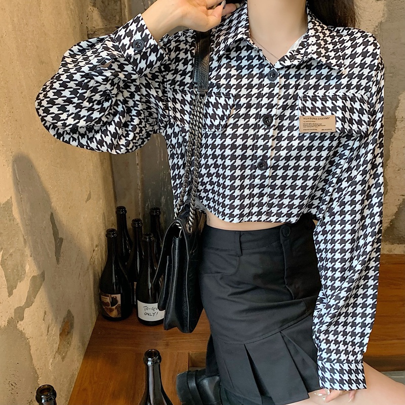 SUXI Áo sơ mi tay dài dáng rộng họa tiết kẻ sọc caro thời trang mùa thu Hàn Quốc trẻ trung năng động cho nữ