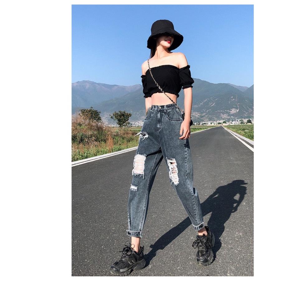 SIÊU PHẨM Quần jean baggy nữ lưng cao, rách bụi bặm, lai kiểu 3466 !