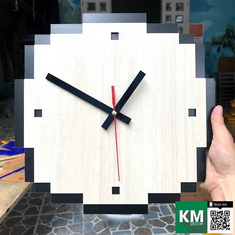 Đồng hồ treo tường decor phong cách pixel bằng gỗ cắt laser KMDH04 [TRANH TREO CÔNG TY]
