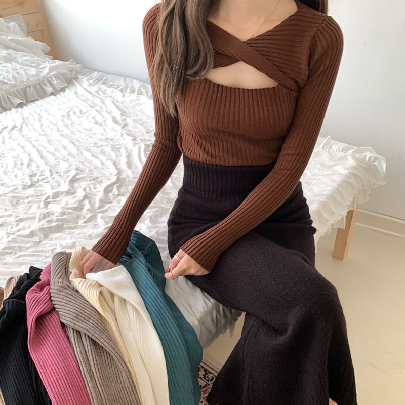 Áo Sweater Trơn Tay Dài Dáng Ôm Thiết Kế Trẻ Trung Hợp Thời Trang Cho Bạn Gái