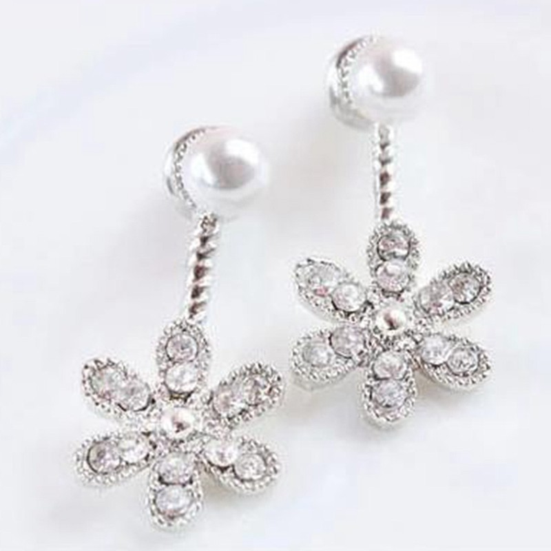 Khuyên tai mặt hoa khảm đá phối ngọc trai thời trang sang trọng cho nữ