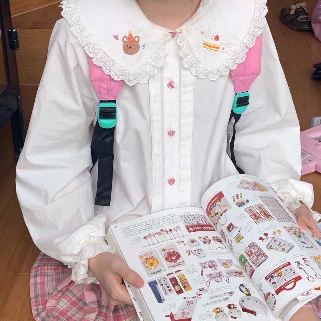 Women's Japanese Cute Bear Lace Doll Collar Shirt Student Korean Style Loose Long Sleeve Top
