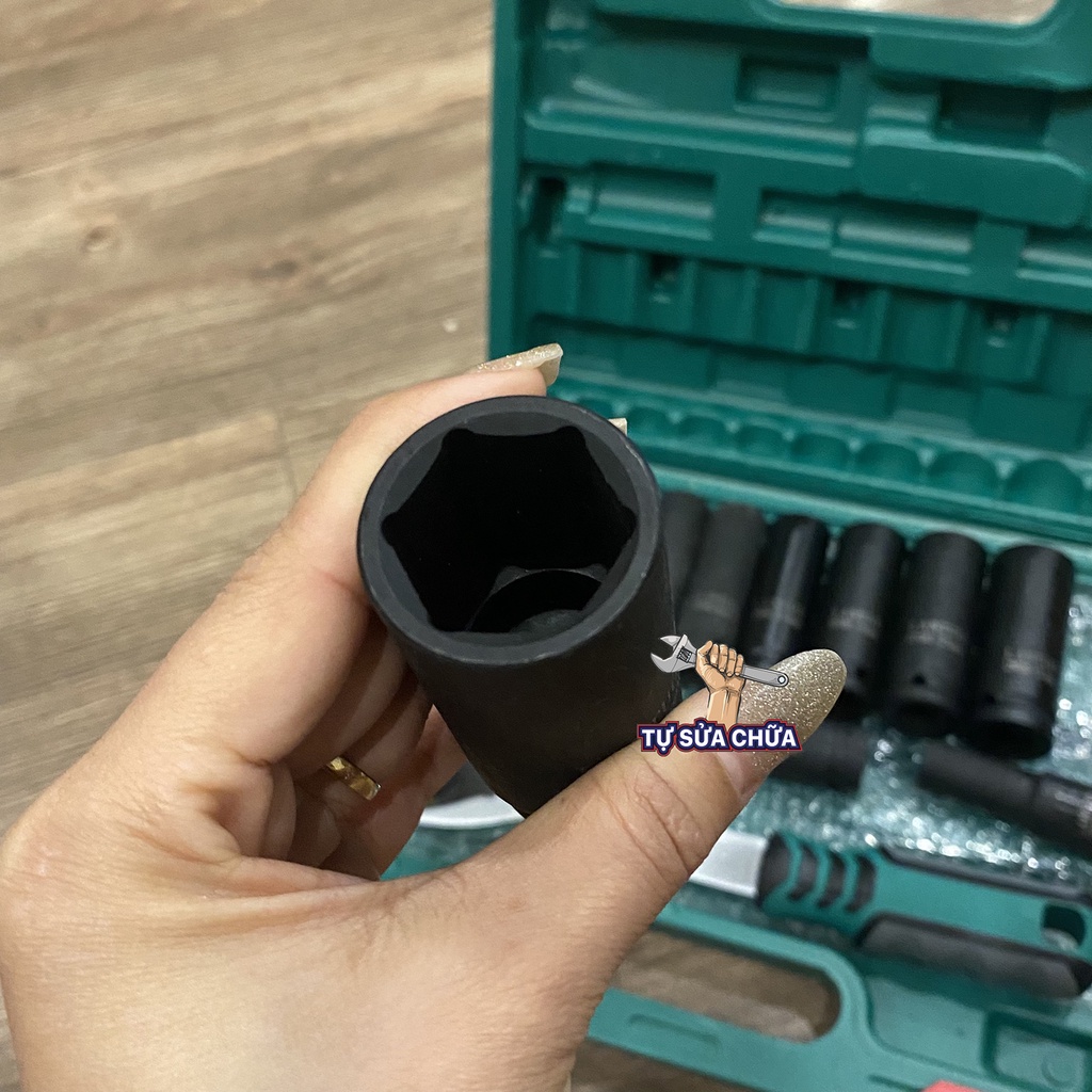 Bộ khẩu 1/2 inch thép CR-Mo 8-24mm đen dài 14 chi tiết chính hãng LANTUO kèm cần siết tự động 2 chiều