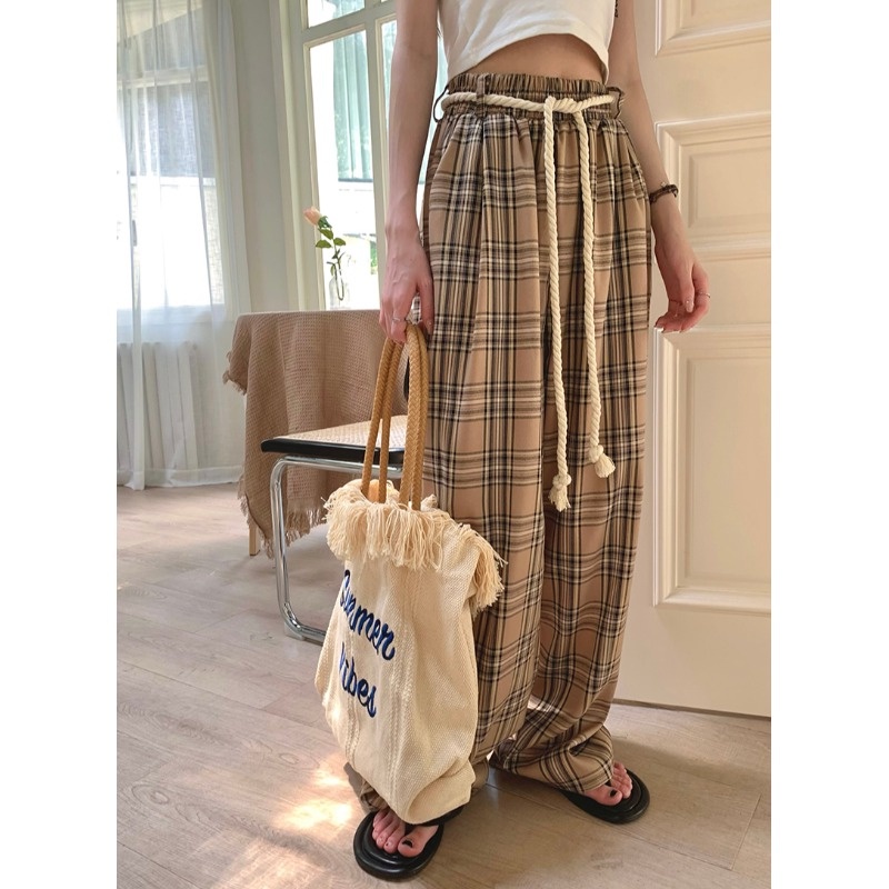 Quần dài ZHELIHANGFEI dáng rộng lưng cao họa tiết caro phong cách học đường thời trang dành cho nữ