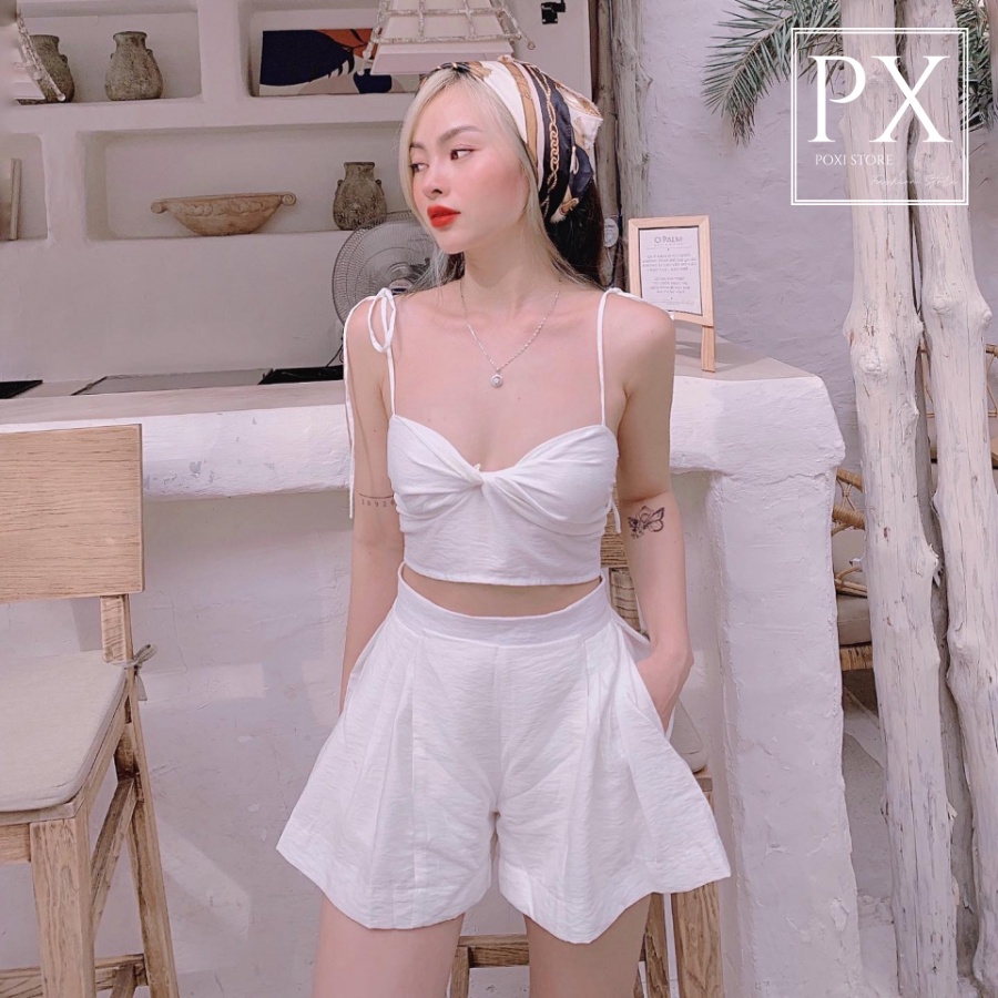 Set Áo Dây Xoắn Ngực + Quần Ống Rộng (TRẮNG+XANH)