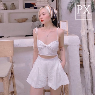 Set Áo Dây Xoắn Ngực + Quần Ống Rộng (TRẮNG+XANH)
