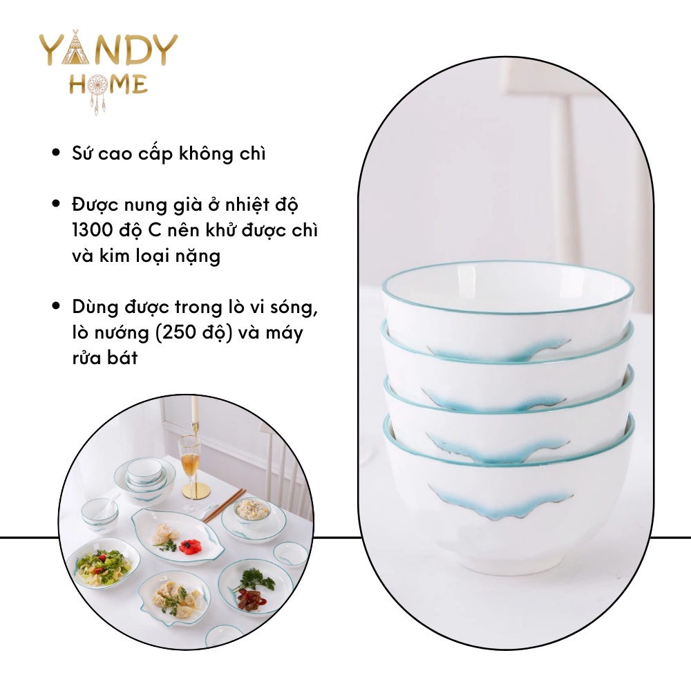 Bát đĩa tô chén gốm sứ YANDY HOME BB12 màu trắng vân mây 10 chi tiết men bóng