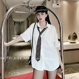 Bigsize - Áo sơ mi nữ cộc tay trắng mix cà vạt form rộng thoải mái 60-80kg