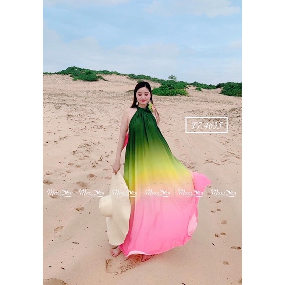 ĐẦM MAXI VOAN IN MÀU XANH VÀNG HỒNG CỔ YẾM CỘT NƠ HỞ LƯNG