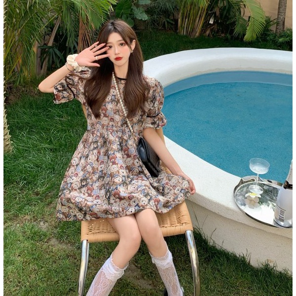 Đầm Tay Phồng Họa Tiết Gấu Phong Cách retro Thời Trang Mùa Hè Mới