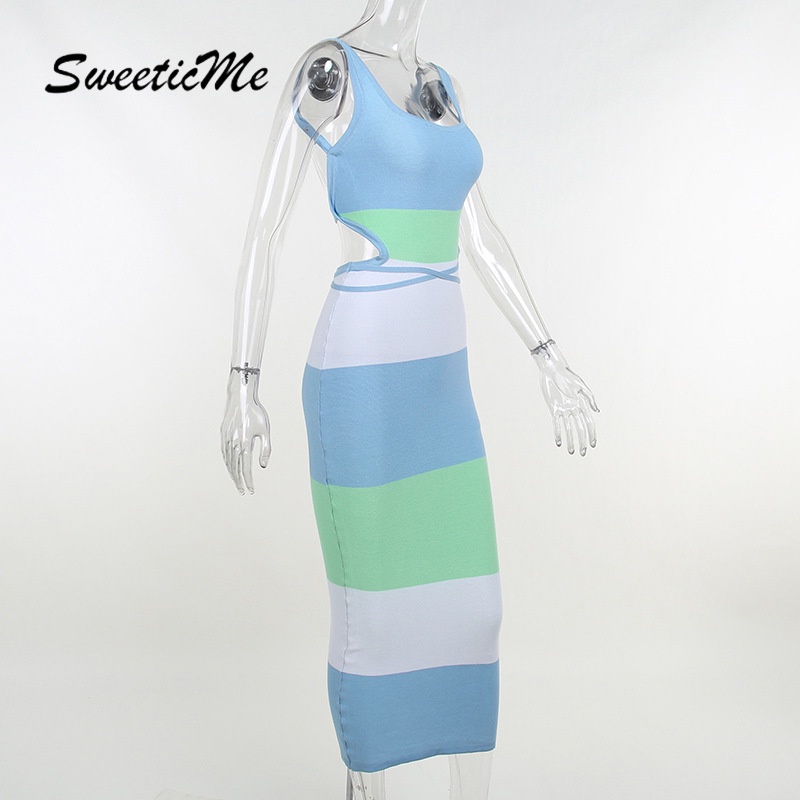 Đầm Len SweeticMe Hở Lưng Họa Tiết Kẻ Sọc   Thời Trang Cho Nữ