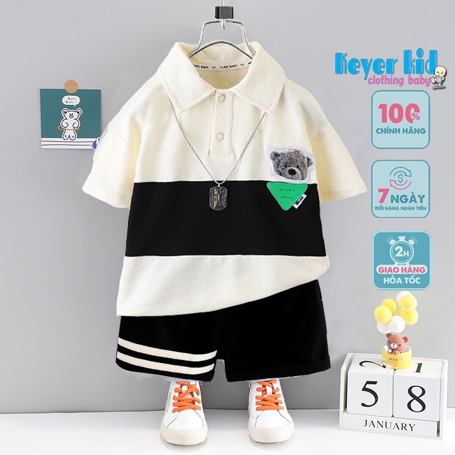 Bộ Quần Áo Bé Trai (6 - 22 KG) KEYER KIDS, Áo Thun Cotton Cổ Bẻ Kết Hợp Quần Short 2 kẻ họa tiết đáng yêu SZ44