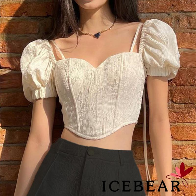Áo Croptop Tay Phồng Ngắn Cổ Buộc Dây Thời Trang Quyến Rũ Cho Nữ
