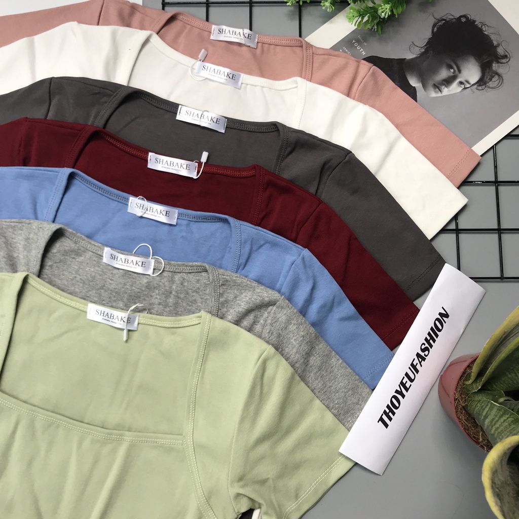 Áo kiểu cổ vuông SHABAKE dáng ôm, Áo thun kiểu cổ U (bẹt) cộc tay tôn dáng 2212 - thoyeufashion