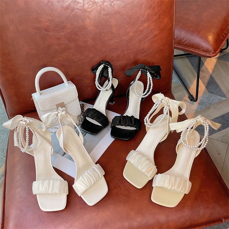 GIÀY SANDAL CAO GÓT ĐẾ NHỌN 7P QUAI ĐÍNH NGỌC TRAI THẮT NƠ HÀNG CÓ SẴN ( MÃ C199)