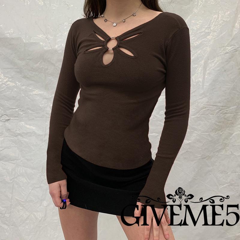Áo thun tay dài cổ chữ V màu trơn thời trang xuân hè cho nữ size S/M/L<br />