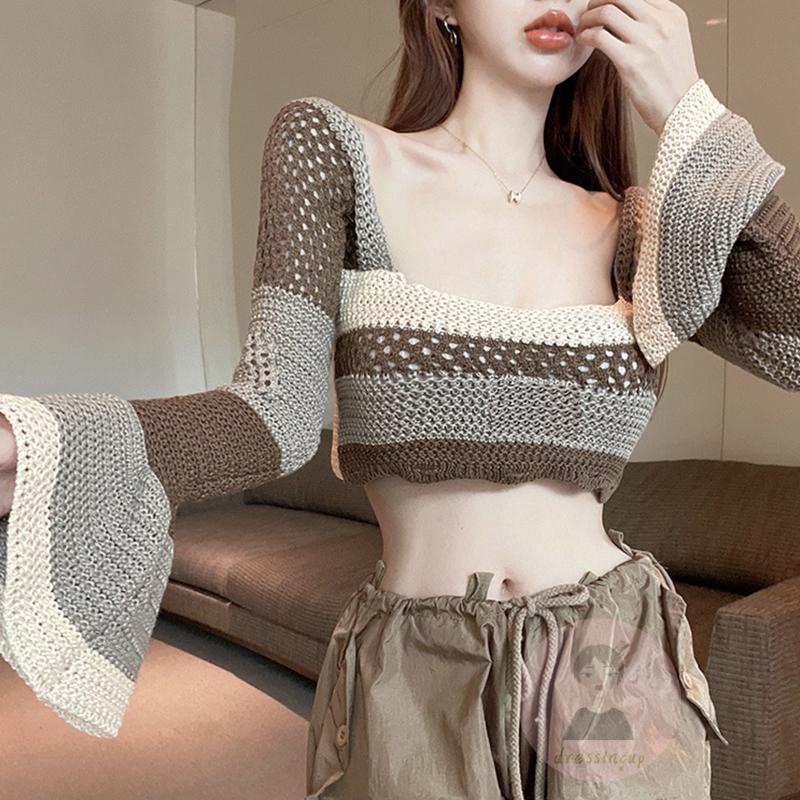 Áo Thun Dệt Kim Tay Dài Màu Sắc Tương Phản Thời Trang Cho Nữ