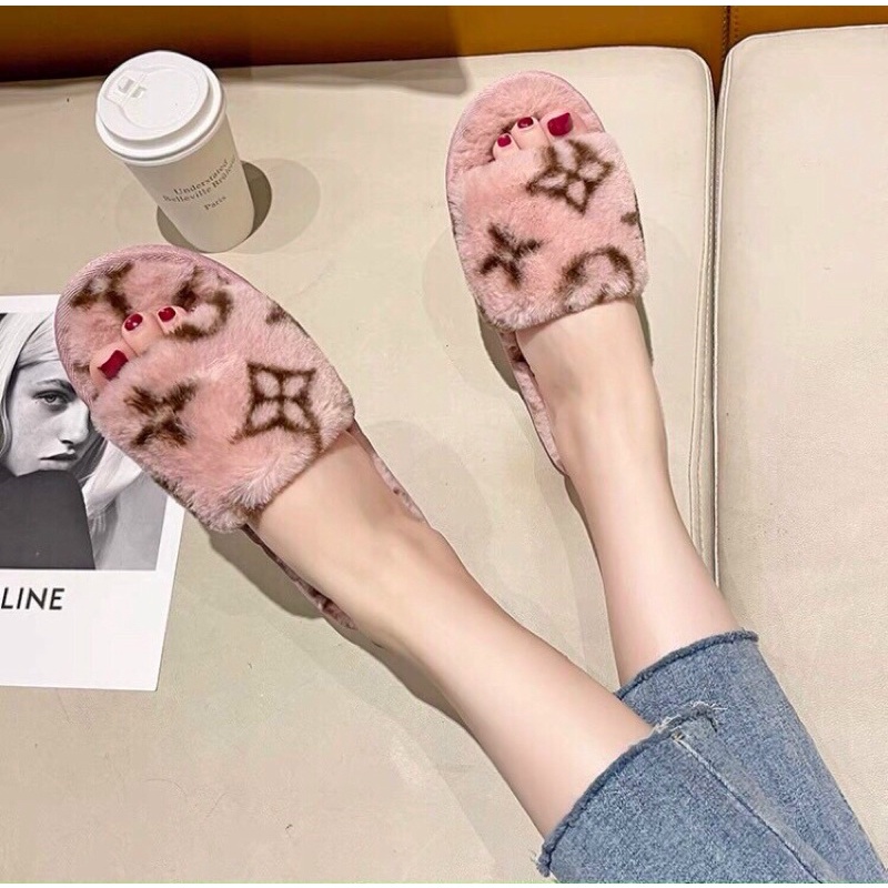 Dép lông quai ngang Lv cao cấp, dép lông nữ quai ngang đi trong nhà