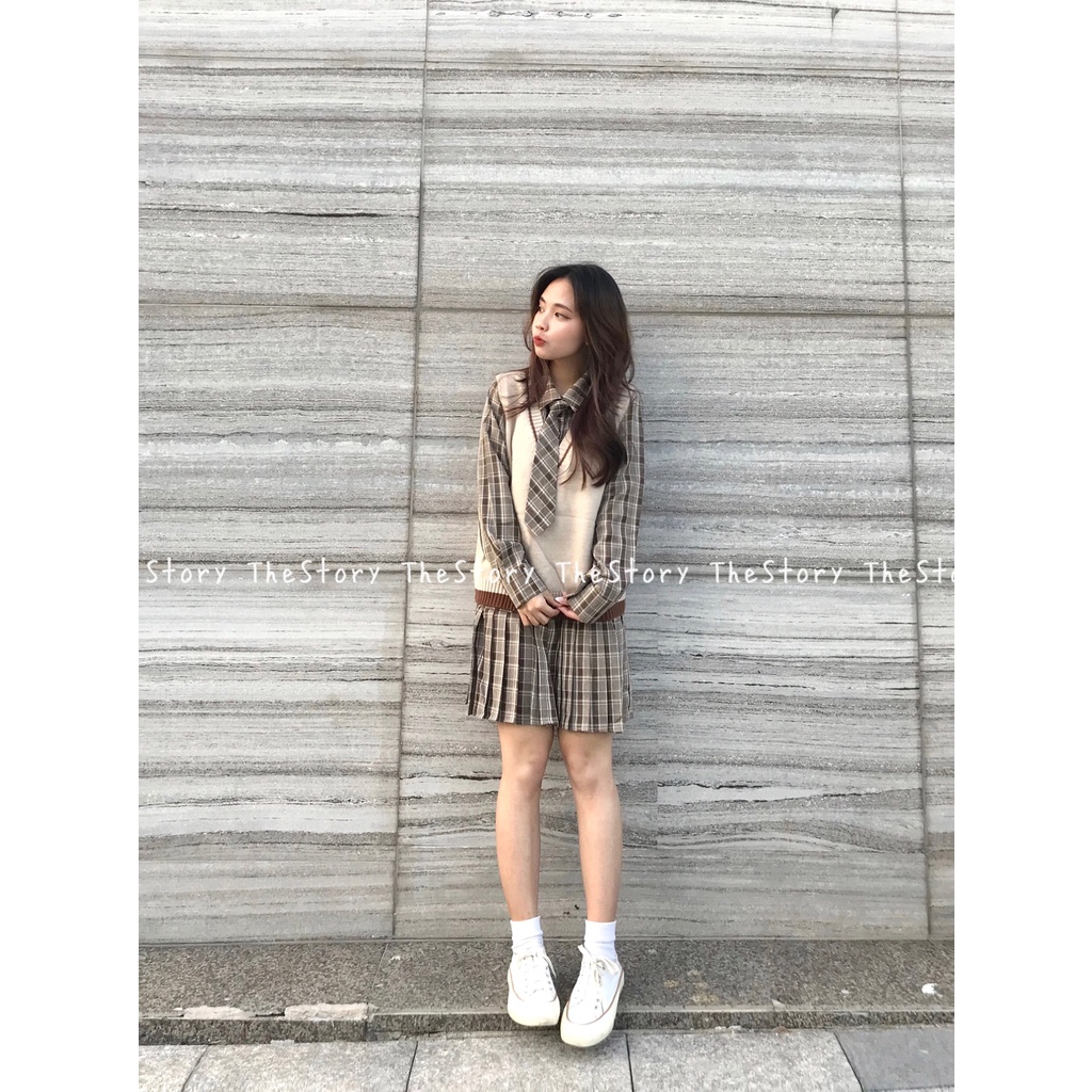 Set 2 món đầm sơ mi nữ caro mix áo ghi lê nữ viền  S245