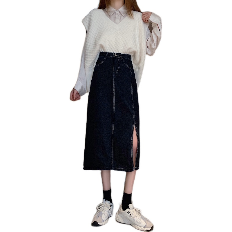 Chân Váy Denim Nữ Lưng Cao Xẻ Tà Phong Cách Hàn Quốc | BigBuy360 - bigbuy360.vn
