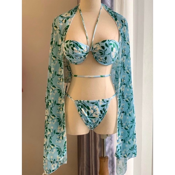 Bikini 2 mảnh hoa nhí vintage kèm khăn sarong