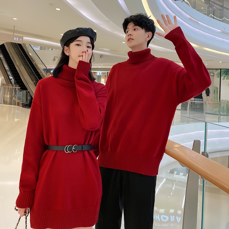 Đồ couple đỏ cặp đôi nam nữ tết noel giáng sinh áo tay dài cổ lọ cao thu đông+đầm thắt nịch eo thon ulzzang có big siz