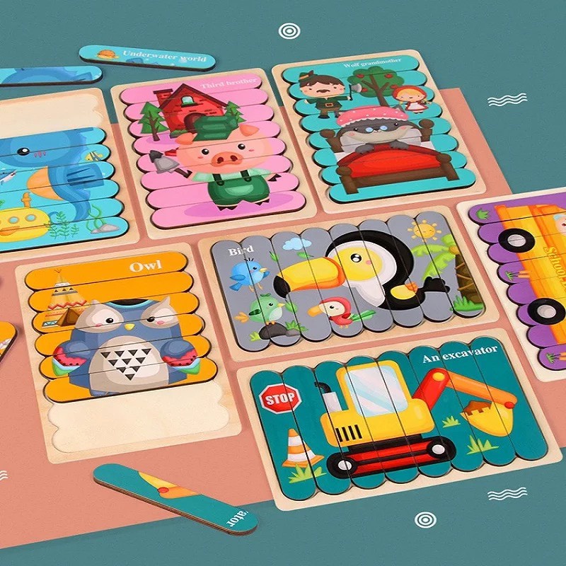 Bộ Domino Đồ Chơi Ghép Hình  Que Kem Xếp Hình 2 Trong 1 Bằng Gỗ [Mỗi Tranh Xếp  2 Hình]