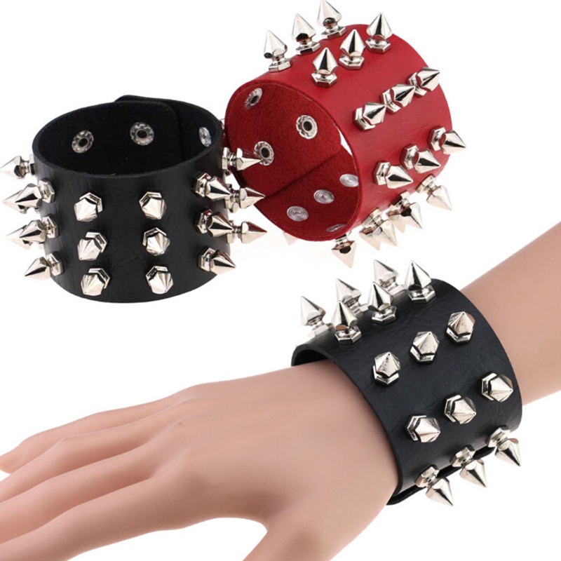 Vòng Tay Da Pu Bản Rộng Đính Đinh Tán Phong Cách Gothic Punk Cá Tính
