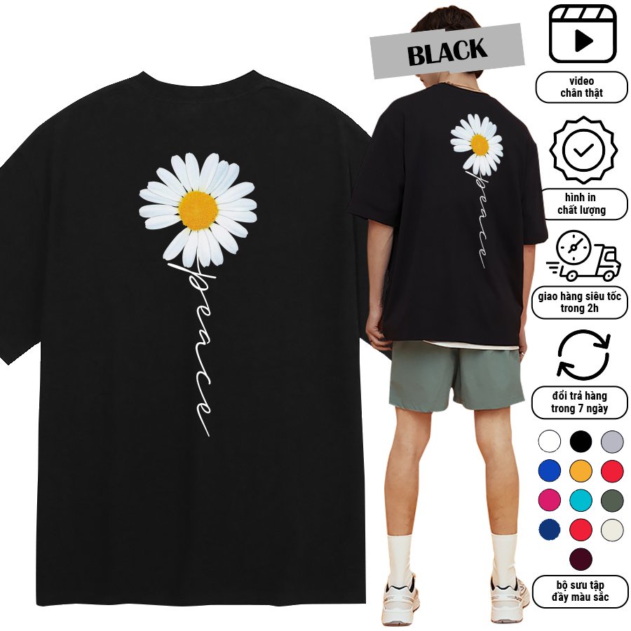 Áo Thun Hoa Cúc Tay Lỡ 7 màu Hồng- Xanh- Đen Cho Mùa Hè Năng  Động Peace Daisy MVR 112019064 Đen